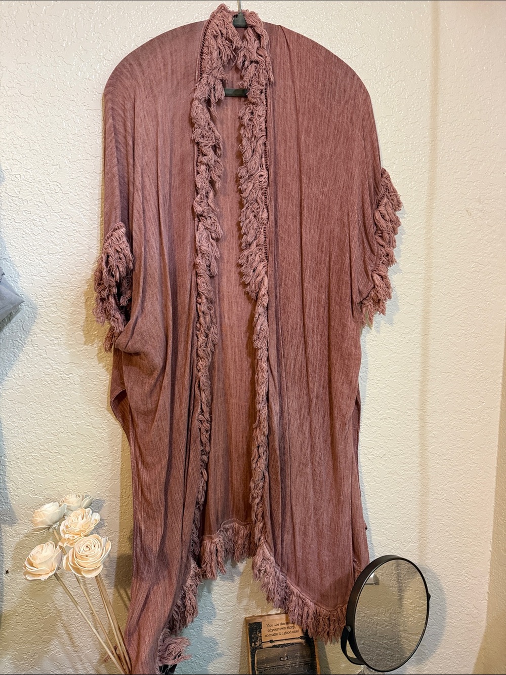 Cotton Mauve Fringe Open-Front Kimono Cardigan